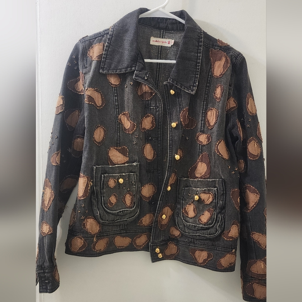 Isabela Capeto Black and Brown Polka Dot Denim Jacket, Size G, Cotton.